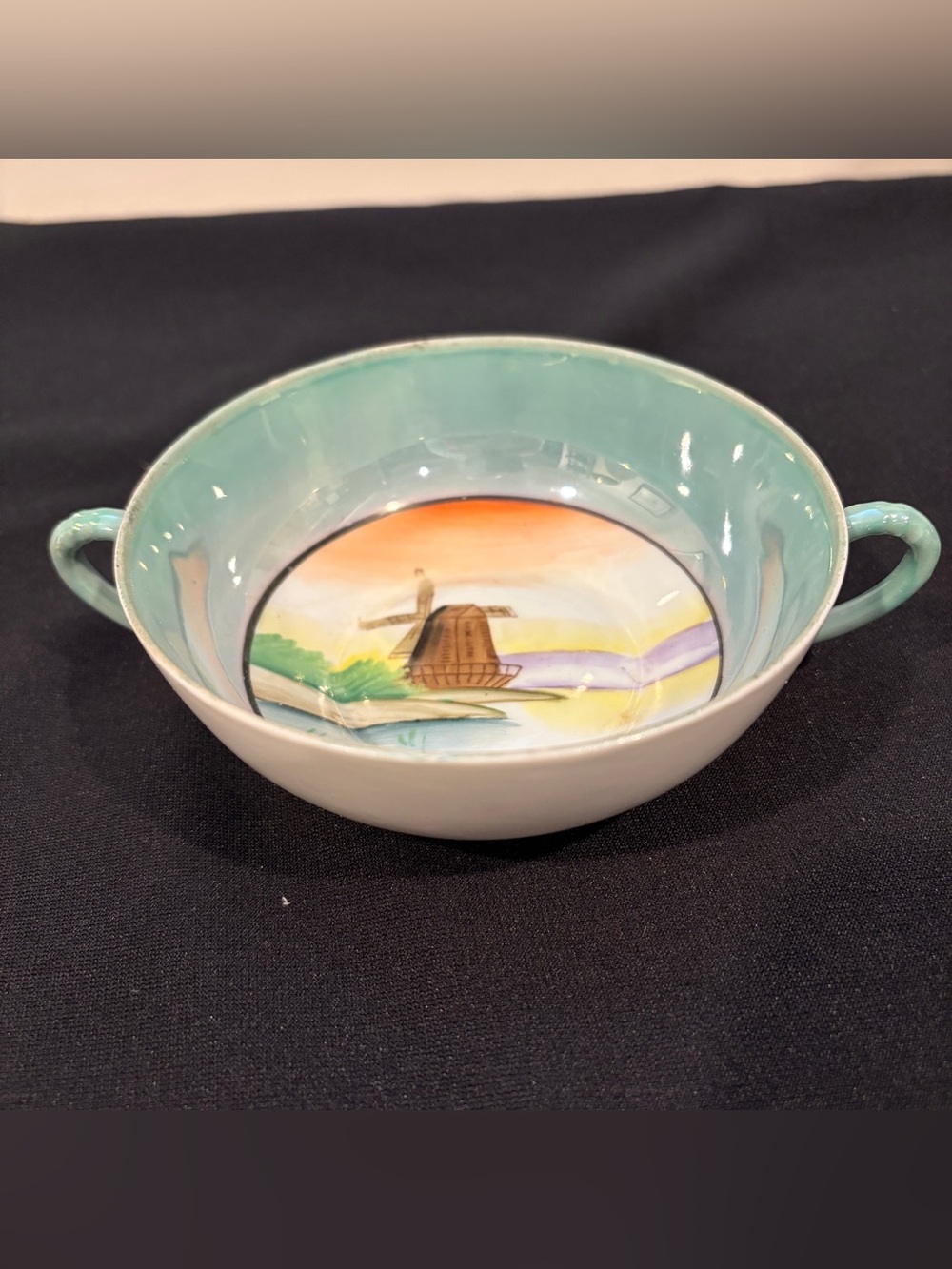 Antique Meito China Windmill Hand painted Bowl Handled